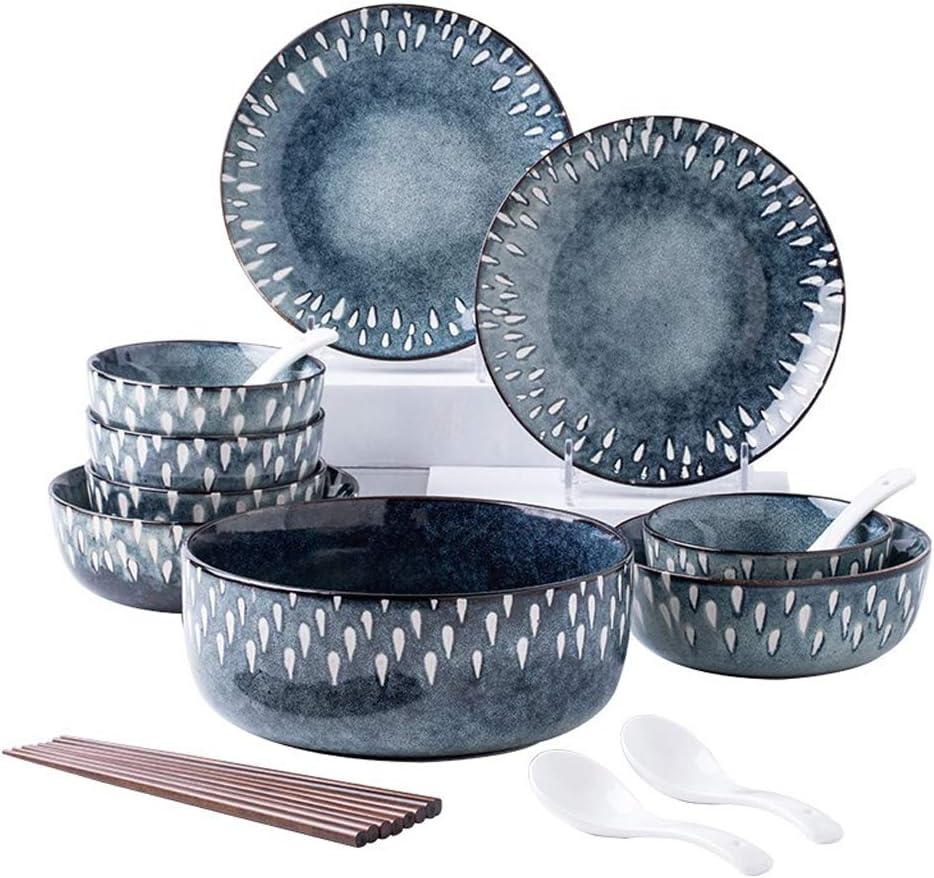 WLNKJ Ceramics Dinner Sets, 17 Pieces Nordic style Kiln glaze Retro Dinnerware Set Bowl/spoon/plate - Family Party and Kitchen Restaurant,b