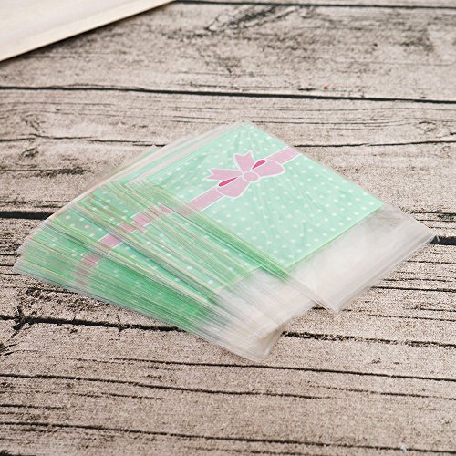 NUOMI 200Pcs Self Adhesive Cellophane Bags, Resealable Cookie Treat Bags for Gift Giving, 3.9"x3.1" Poly Bags Good for Bakery Candle Soap Candy, Pink&Green Polka Dots with Bow Decoration - Thumbnail 5