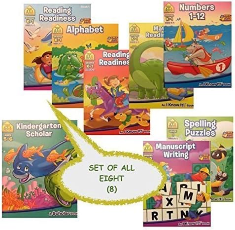 8 School Zone Workbooks, Reading Readiness 1 and 2, Writing, Spelling Puzzles, Alphabet, Math, Numbers, Kindergarten Scholar, Interactive Games Links, Achievement Certificates K-2nd Grade, bundle set