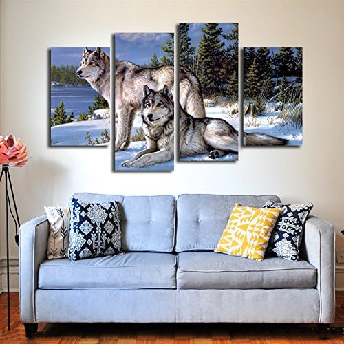 Two Wolf Stand On River Bank Forest Wall Art Painting Wolves Pictures Print On Canvas Animal The Picture For Home Modern Decoration