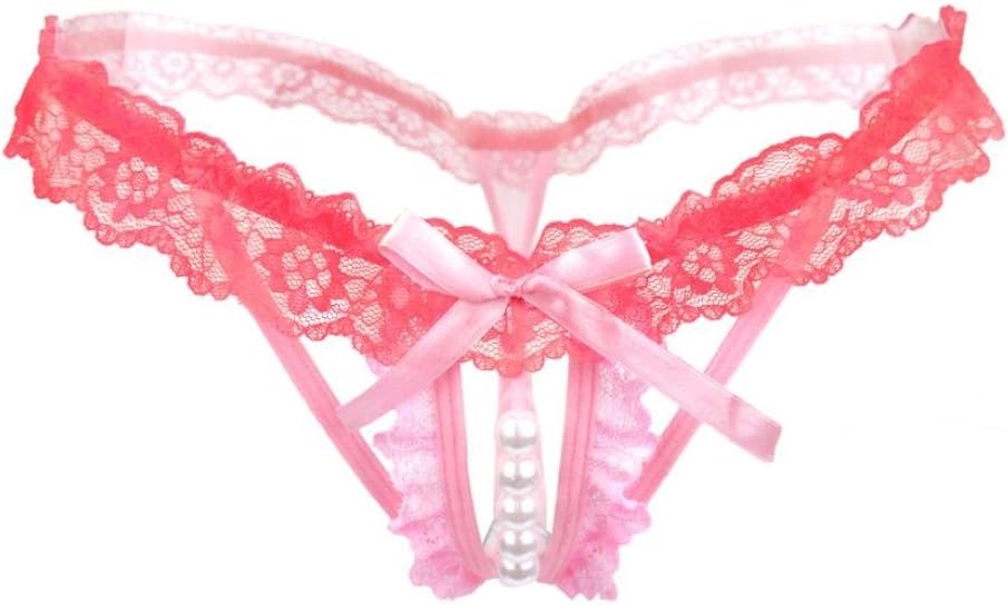 FUNIC Womens Lace Thong Panties Pierced Sexy Intimates Lingerie Pearl Massage G-String Underwear (Free Size, Pink)