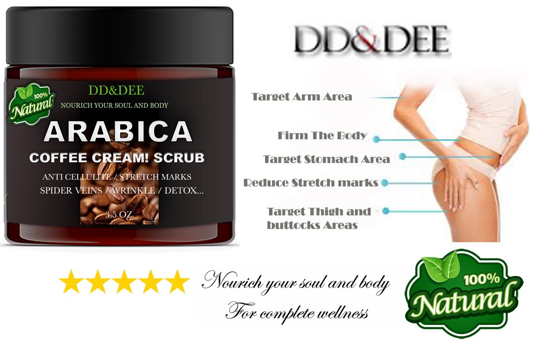 Arabica Coffee Cream Body Scrub Anti-Cellulite with Caffeine Great for Dry, Rough And Sensitive Skin Provides firming, Skin Radiant, Contains 100% All Natural 3.5 Oz