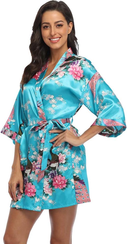 Women's Short Kimono Robe Floral Bathrobe Wedding Bridesmaids Robes Satin Dressing Gown