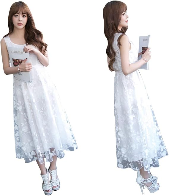 Amazon ノーブランド品 レディース ワンピース レースワンピース 二次会 レース ドレス パーティードレス 大人 お呼ばれ 謝恩会 結婚式 パーティー 夏 マキシワンピース 砂浜 白いワンピース ホワイト 刺繍 S ワンピース チュニック 通販