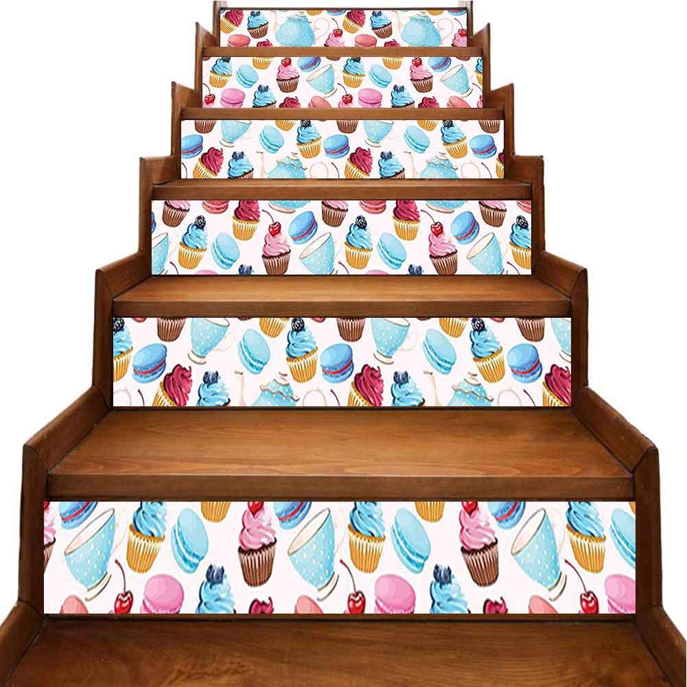 Self Adhesive Decal and Cups with Polka Dots Macarons Cupcakes with Berries Sweet Pattern Blue Pink Stairs Self Adhesive Decoration Wall Sticker for Living Room, Hall, Kids Room Decor, W39.3 x H7 inch