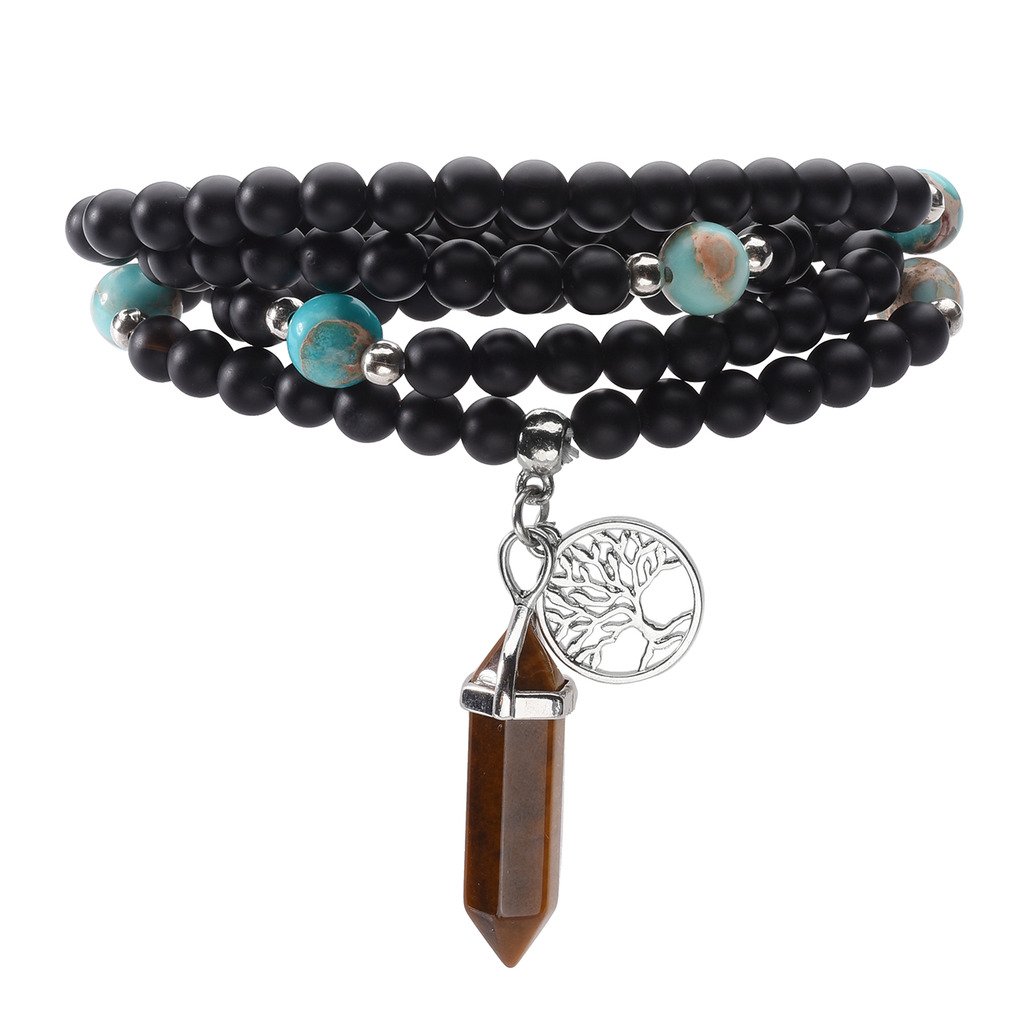 JOVIVI 6mm Matt Schwarz Achat Perlen Armband Buddha Armreif Wickelarmband Halskette mit Lebensbaum Hexagon Säulen Anhänger (Tigerauge)