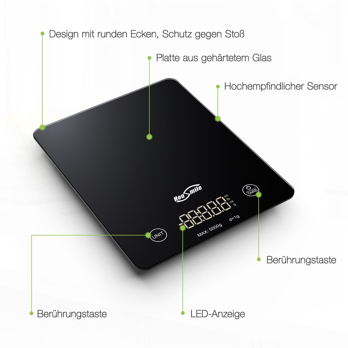 Housmile Digitale Küchenwaage, Elektronische Waage, Professionelle Waage mit hohe Präzision 5kg/1g, Sicherheitsglas mit LCD Display und Berührungsknopf, inkl. AAA-Batterien, ideal für Kochen, Backen, Briefemessen und Diätmachen, Schwarz