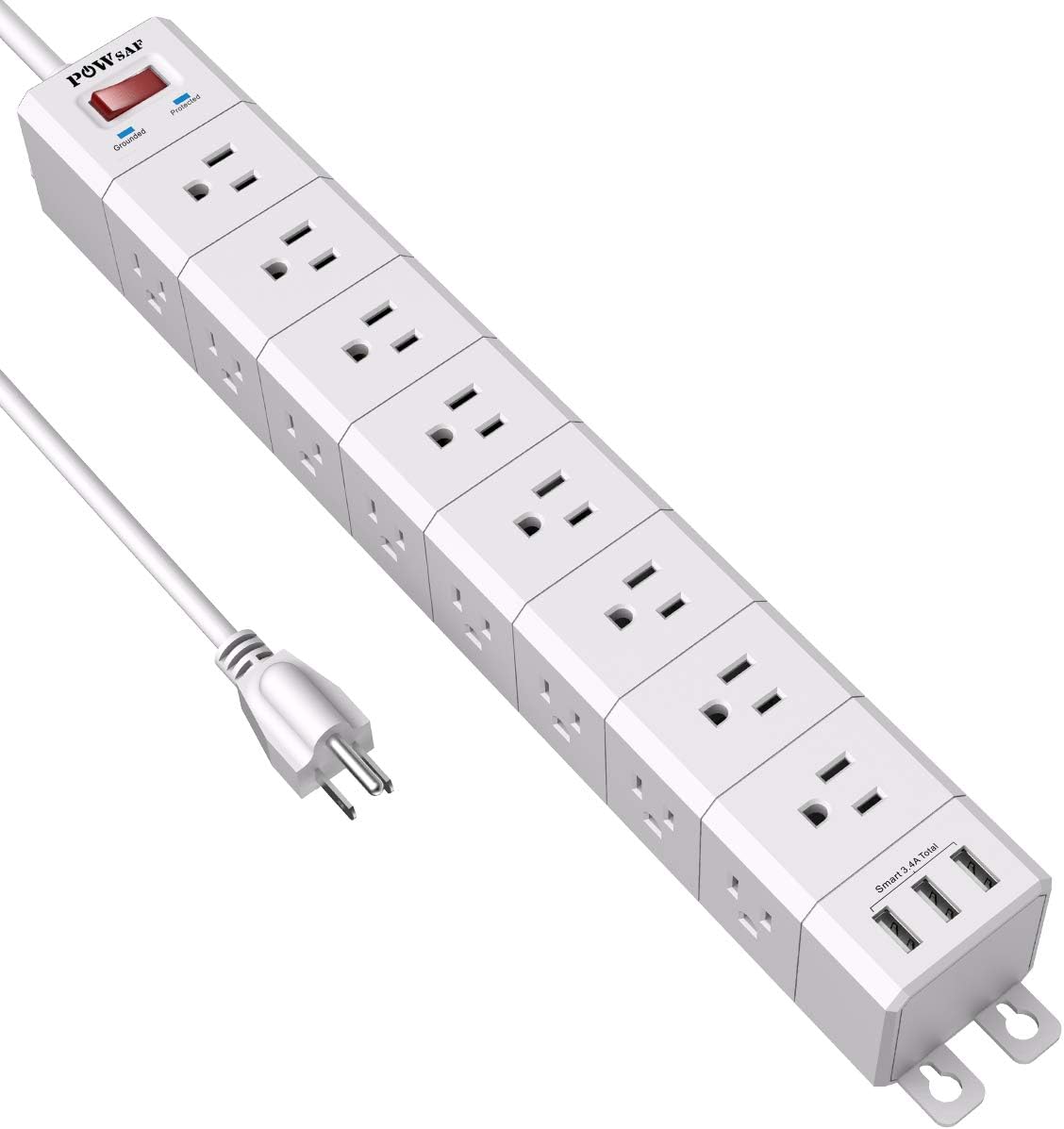 Power Strip (3-Sided) with 24 Outlets, POWSAF Surge Protector (4100 Joules) and 3 USB Ports(5V/3.4A, 17W), 8 Feet Heavy Duty Extension Cord (1875W/15A), ETL Listed, White: Home Audio & Theater