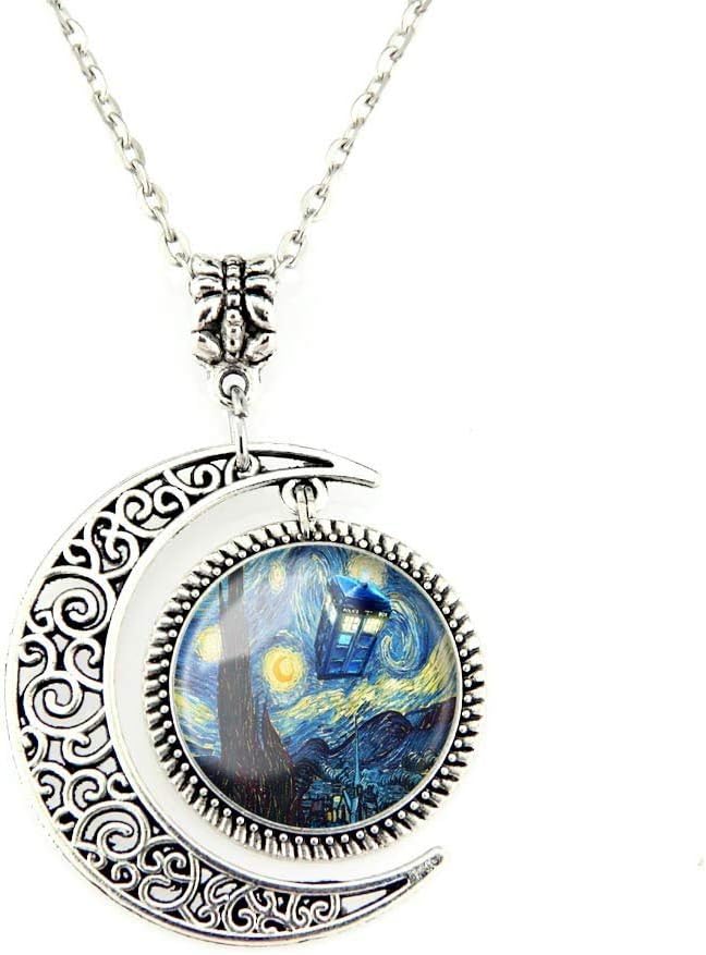 Crimyy Moon Pendant Tardis Doctor Who Starry Night Necklace Van Gogh Jewelry Personalized Necklaces Gift