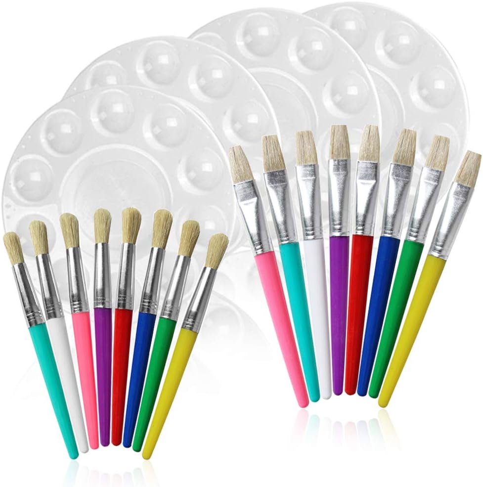16 pcs Children Tempera Paint Brush Set with 4 Paint Tray Palettes