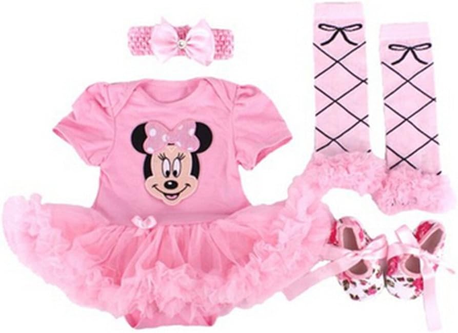 Anik Sunny Newborn Baby Girls Romper Dress Costume Clothes Jumpsuit 4Pcs Outfit Set Tutu Skirt Legging Warmer +Shoes+Headband (0-3 Months, Pink Minnie)