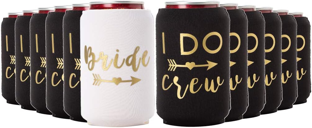I Do Crew and Bride Bachelorette Party Can Coolers, Set of 12 Beer Can Coolies, Perfect Bachelorette Party Decorations and Bridesmaid Gifts (Black, Regular)