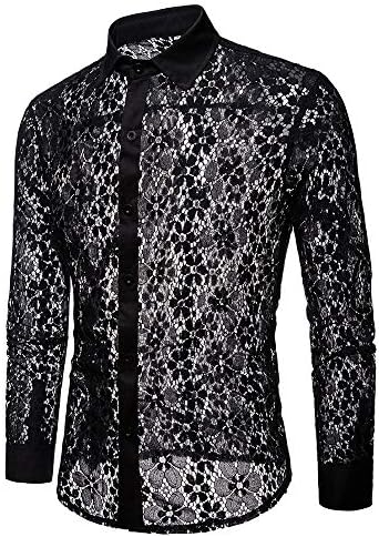 TUDUZ New Men's Autumn Casual Lace Shirts Breathable Full Lace Party Nightclub Hollow Long Sleeve Formal Shirt Top Blouse