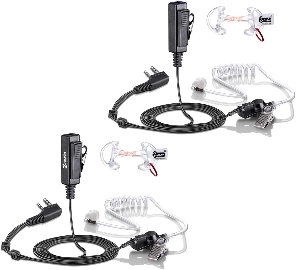 Zeadio Surveillance Covert Air Acoustic Tube Walkie Talkie Earpiece Headset with Earmold and Push-To-Talk Microphone for Kenwood Baofeng HYT 2 Pin Two Way Radio (Pack of 2)