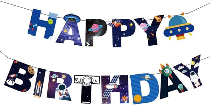 Bestoyard Univers Espace Joyeux Anniversaire Banniere Astronaute Espace Theme Guirlande Pour Enfants Fete D Anniversaire Suspendue Decoration Amazon Fr Jeux Et Jouets