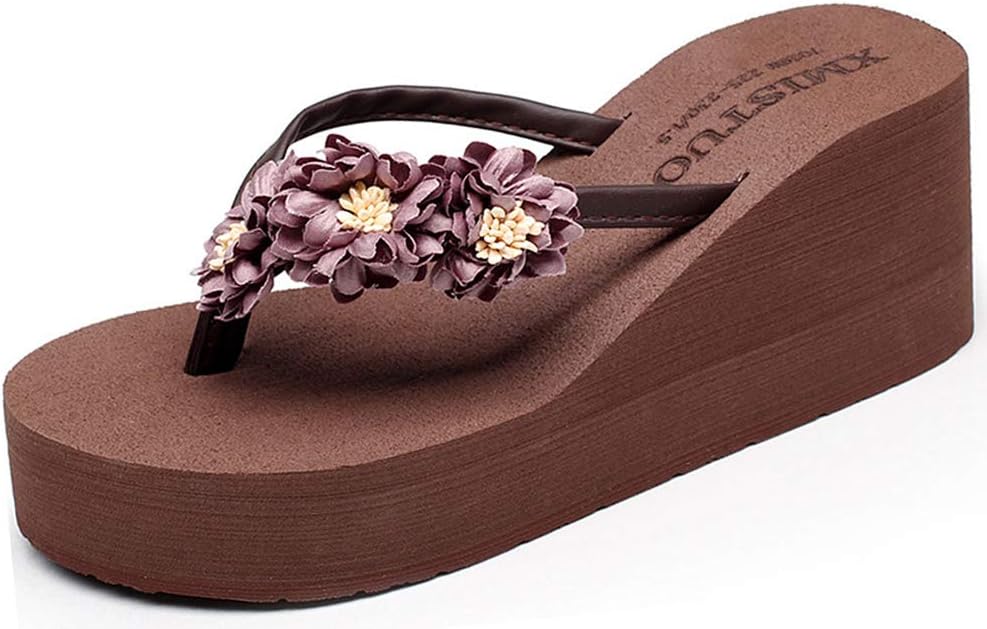 Womens Girls Flip Flops Summer Bohemia Flowers Slippers Toe Post Platform Wedge Sandals Slip on Pool Beach Shoes