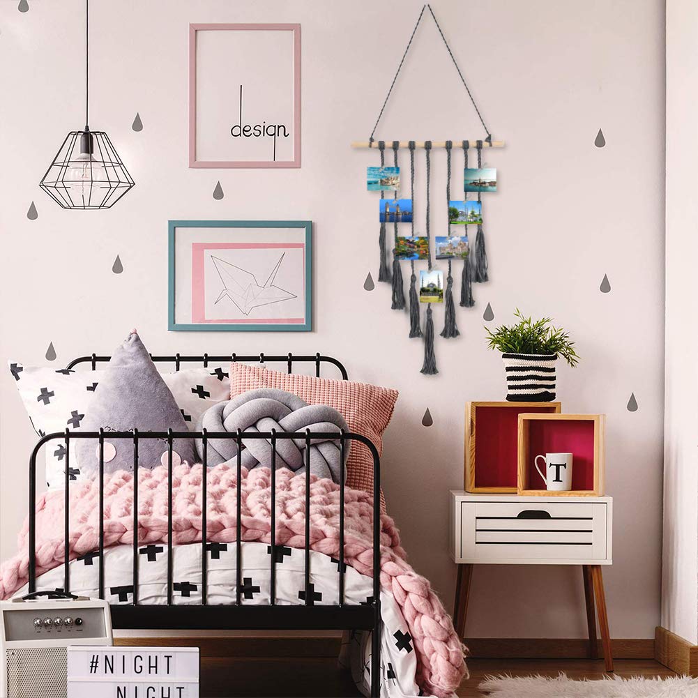 VGOODALL Wall Hanging Photo Display,Macrame Wall Decor Photo Organizer Tassel Wall Hangings Thanksgiving Gift Christmas Decorations(Dark Gray)