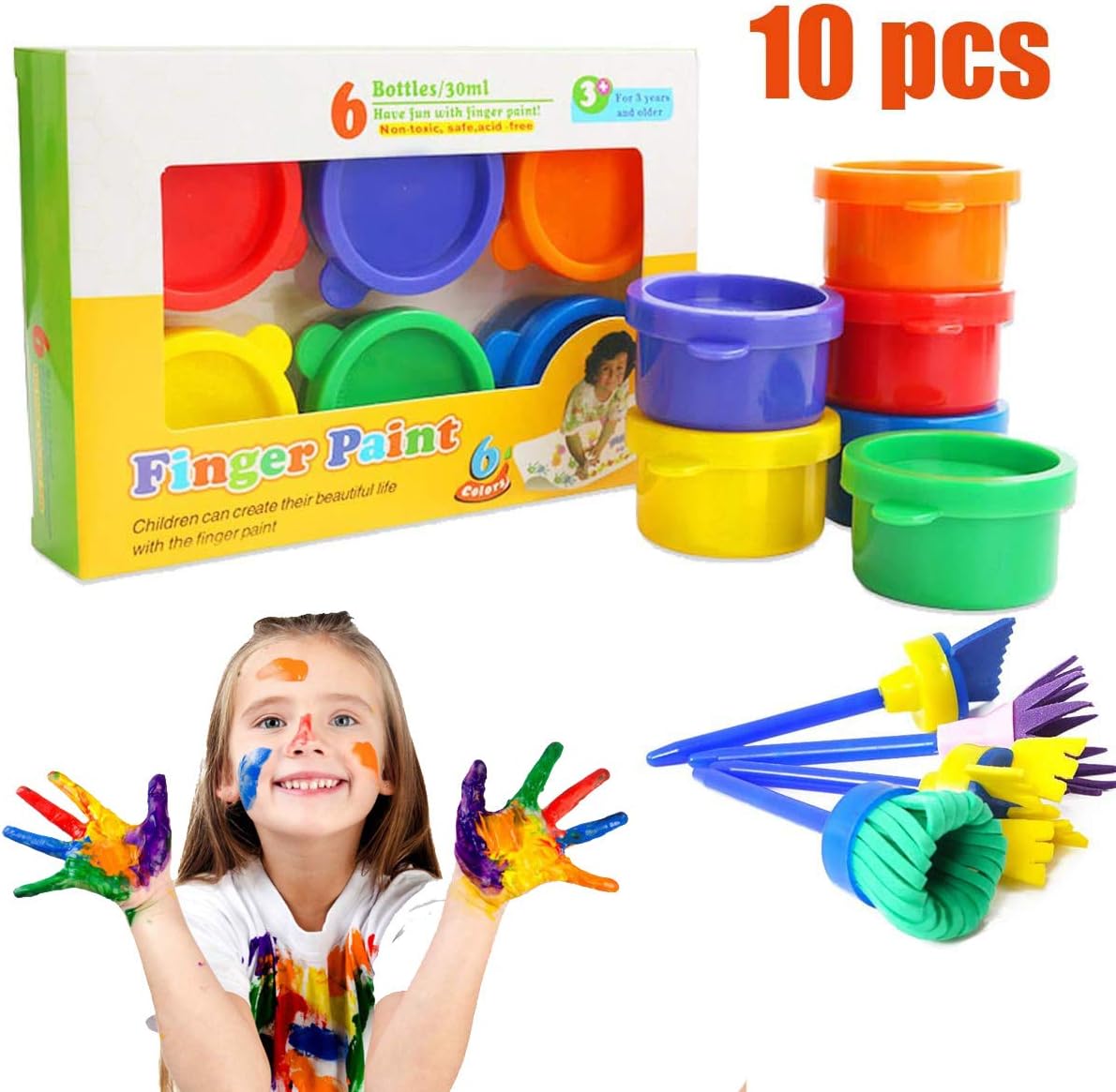 MMTX 6 Pots Neon Finger Paints - Non Toxic Painting Children Crafts Poster Art Set + 4 Brushes