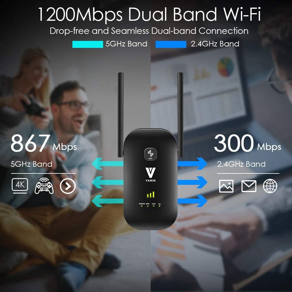 WiFi Range Extender -1200Mbps WiFi Repeater Wireless Signal Booster 2.4 & 5GHz Dual Band WiFi Extender with 2 Gigabit Ethernet Port, AP & Router Mode, 360°Full Coverage, Simple Setup: Electronics