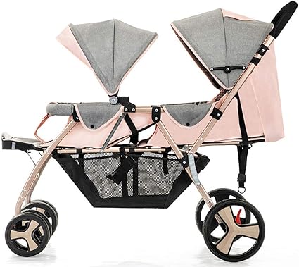 Amazon Feemom二人乗りベビーカー 背面ベビーカー ワンタッチ開閉 双子ベビーカー リクライニング機能付き ブレーキ付き 大容量物置カゴ 折り畳み簡単 6ヶ月 60ヶ月頃対象 旅行 おでかけ ピンク グレー 二人 多人数用ベビーカー ベビー マタニティ 通販