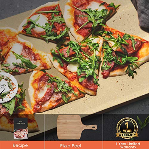 femor Pizza Grilling Stone 15"x12" with Pizza Peel & Recipe- Rectangular Baking Stone for Oven, Grill & BBQ