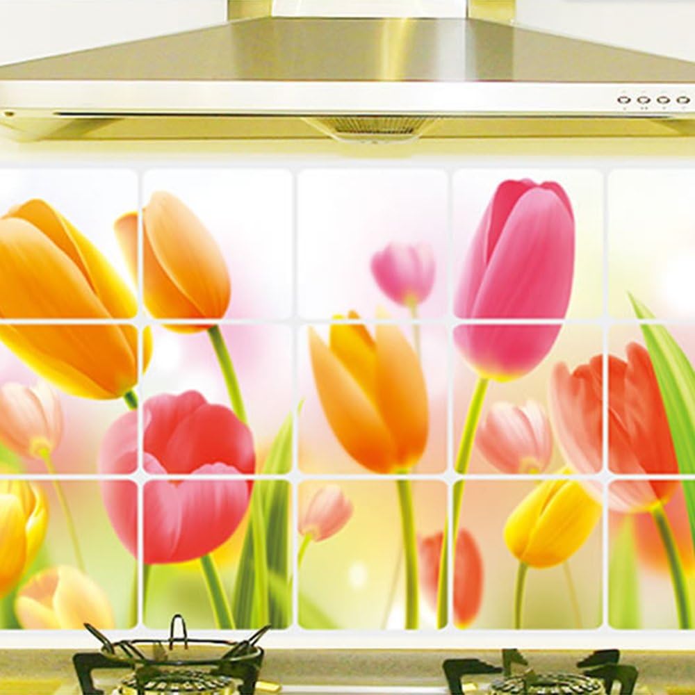 Kaimao DIY Tulip Pattern Backsplash Oil Proof Wall Sticker Art Decal Murals Removable Wallpapers for Kitchen