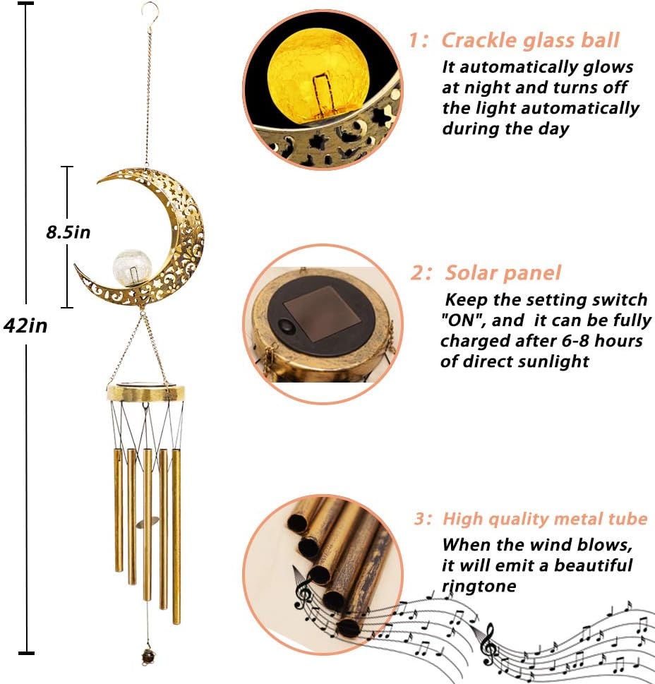 SURENSHY Wind Chimes Retro Solar Wind Chimes and Moon Crackle Glass Ball Wind Chimes for Outside Suitable for Courtyards, Terraces, Gardens, Gift for Grandma, Mom, Women : Garden & Outdoor