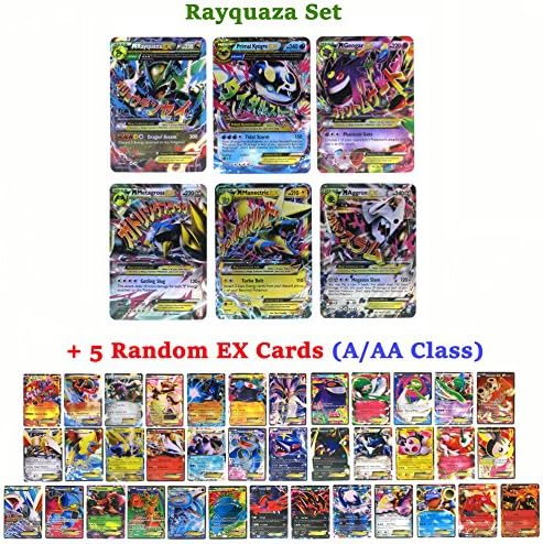 Set of 6 Mega EX Cards Rayquaza + 5 EX Cards (A/AA Class Random) "NOT A CHINA CARDS" English Platinum Flash Cards