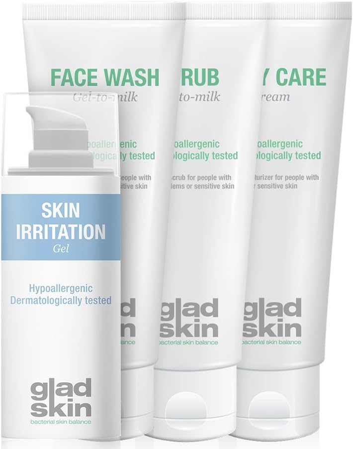 Gladskin Skin Irritation Gel 30ml & Face Wash 75ml & Scrub 75ml & Daily Care 75ml Care Set (combination pack) - alleviates skin irritation and prevents pimples and redness