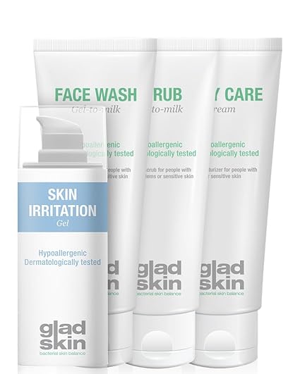 Gladskin Skin Irritation Gel 30ml & Face Wash 75ml & Scrub 75ml & Daily Care 75ml Care Set (Kombi-Packung) - beugt Entzündung