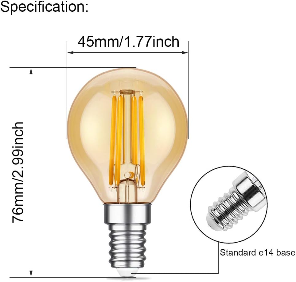 HUAMu E14 LED Bulbs, LED Filament Light Bulbs, 4W (40W Equivalent), Amber Glow, 2200K, E14 Base, Golf Ball P45/G45, 6 Pack - Image 4
