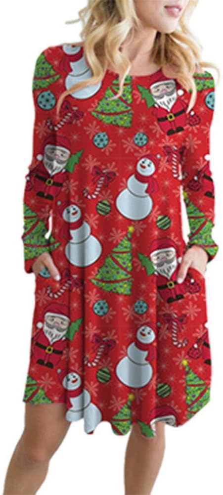 YanHeMingKeJi Women Dresses Plus Size, Women Christmas Cartoon Snowman Santa Printed Big Swing Pocket Mini Dress