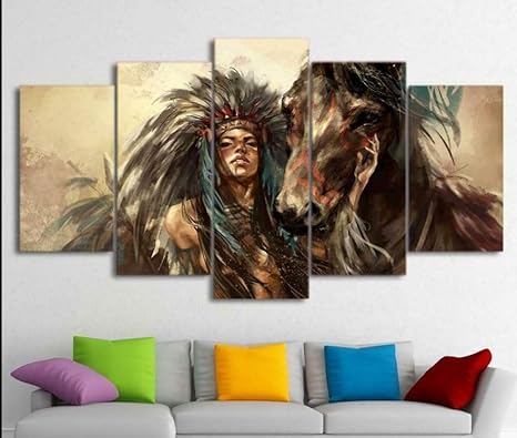 Amazon Hnyyj 絵画壁紙装飾リビングルーム美しいネイティブアメリカンインドの少女 馬5ピースキャンバス壁アート 40x60cmx2 40x80cmx2 40x100cmx1 アートフレーム ポスター オンライン通販