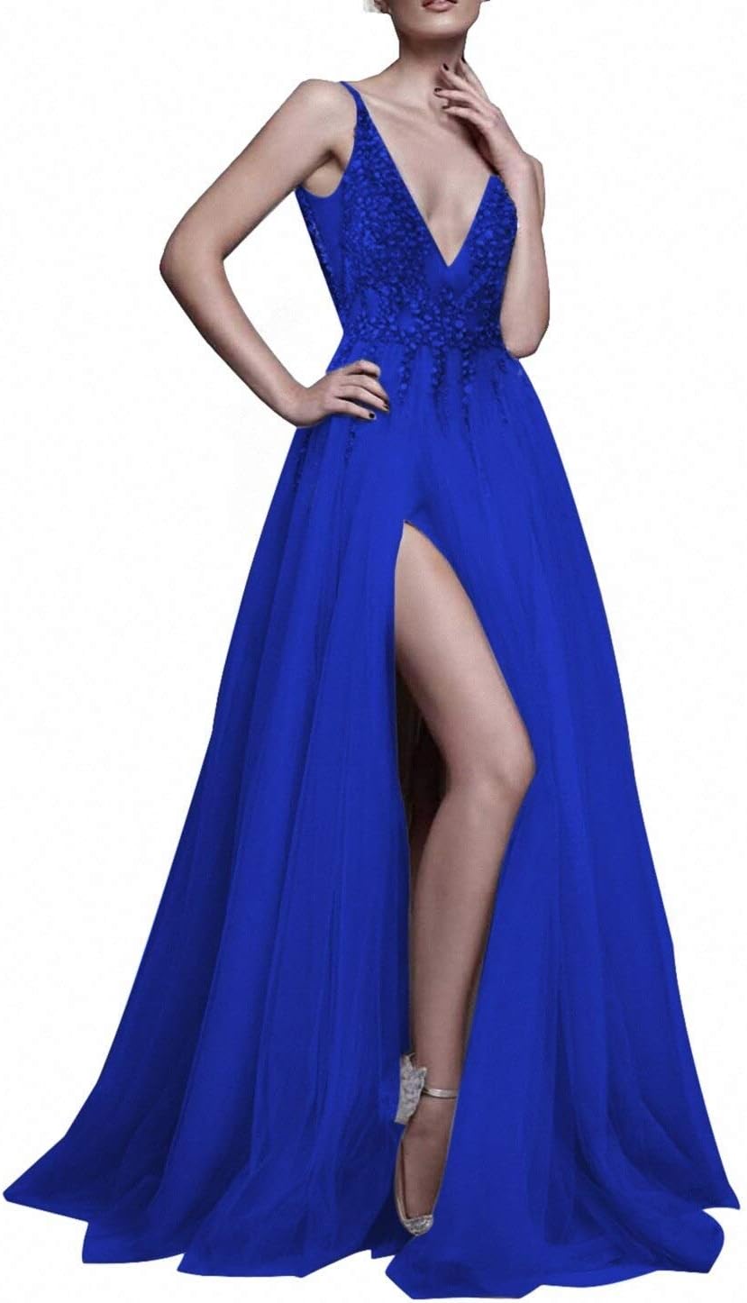 Prom Dresses Sexy Deep V Neck Sequins Beads Tulle and Lace High Split Long Evening Dresses Bridal Wedding Dress
