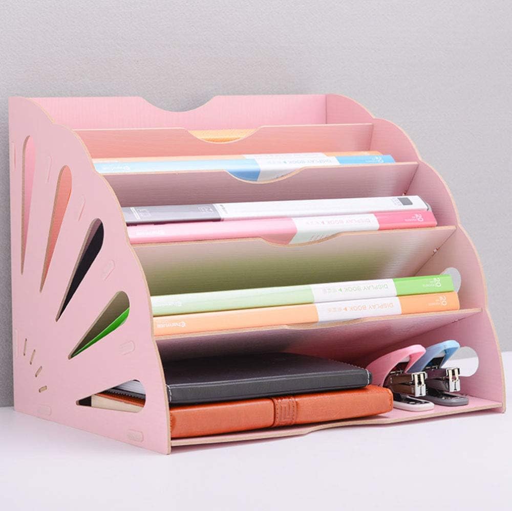 Elwow Multi-Layer Office File Storage Mail Finishing Rack Basket Magazine A4 Document Desktop File Storage Rack Tray Holder Organiser with Wooden Material (Pink)