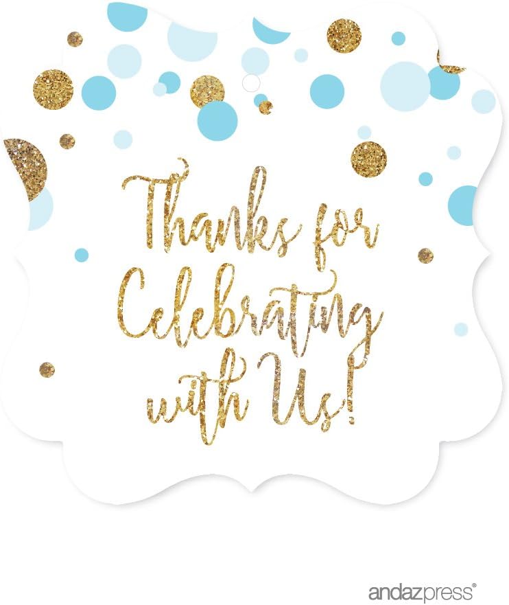Andaz Press Light Blue Gold Glitter Boy Baby Shower Party Collection, Fancy Frame Gift Tags, Thanks for Celebrating with US, 24-Pack