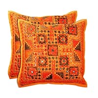 SmartHUG Handcrafted Mirror Work Cushion Cover Orange Set of 2