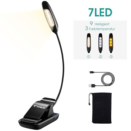 Leselampe Buch Klemme TOPELEK 7 LED Buchlampe, LED Klemmleuchte, 3 Farbtemperatur, 3 Helligkeit, 360° Flexibel, USB Wiederauf