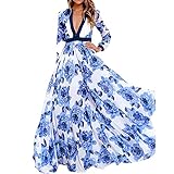 Sunsent Sexy Women Deep V Neck Flower Printed Back Zipper Maxi Dresses
