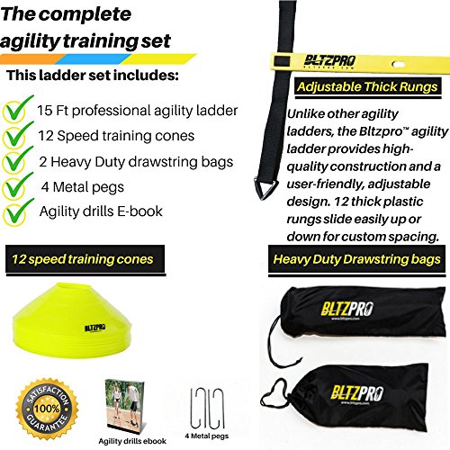Bltzpro AGILITY LADDER with CONES Fitness Gear- Improve Soccer,Football & Sports Skills, Used by Athletes & Coaches.16ft| 12 Adjustable Rungs|12 Cones|2 Carry Bags|4 pegs|footwork drills ebook