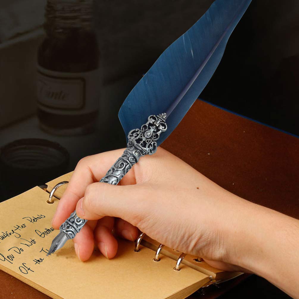 mifengda Antique Feather Dip Pen Set Vintage Writing Quill Ink Dip Pen Set Calligraphy Pen Set Luxury Quill Pen and Ink Accessories Set with 5 Metal Nibs Best Gift Set