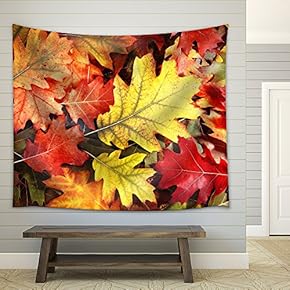 Colorful Oak Autumn Tree Leaves Background. - Fabric Wall Tapestry Home Decor - 51x60 inches