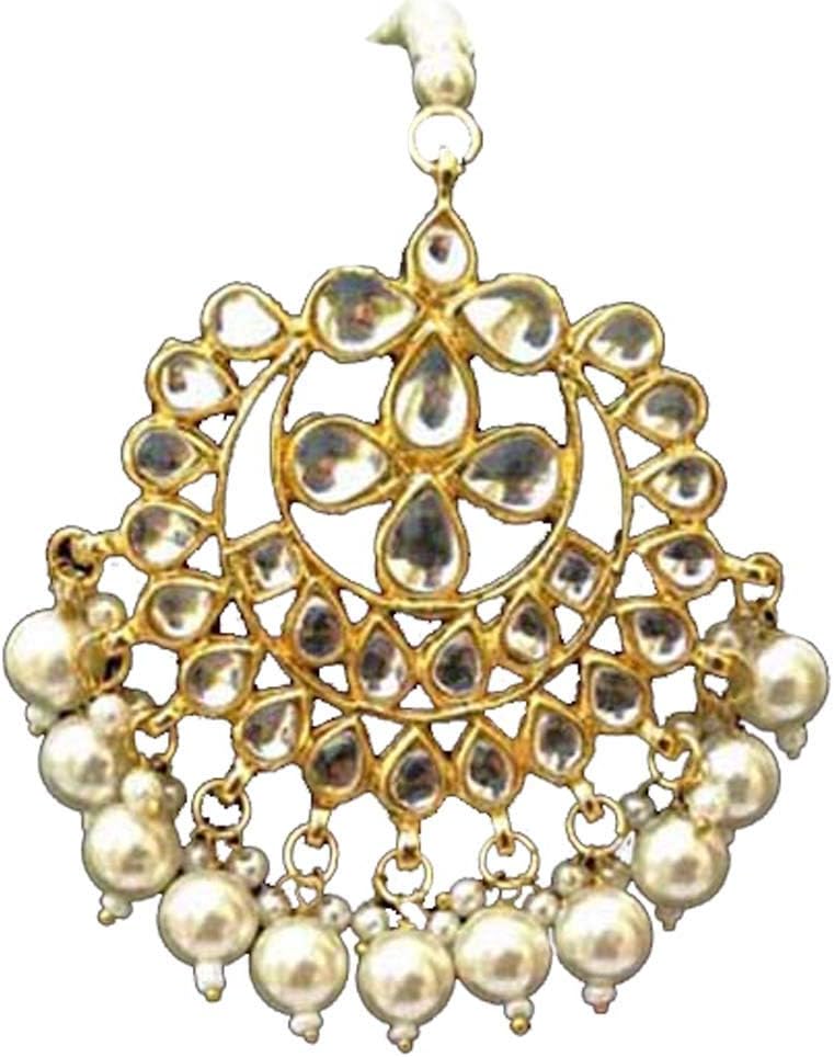 Finekraft Meena Kundan Latest Gold Plated Bridal Maang Tikka Set Jewelry in White Color