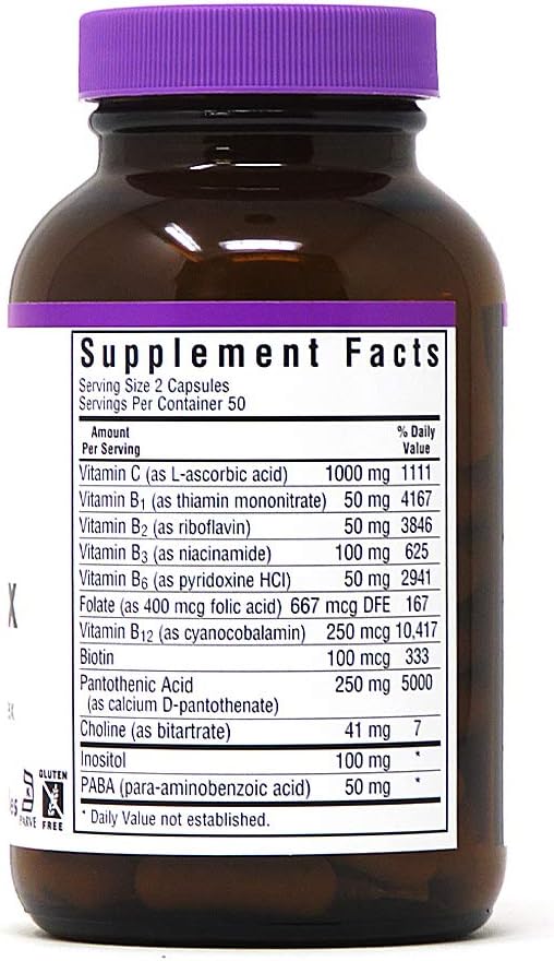Bluebonnet Nutrition Stress B Complex Vegetable Capsules, Vitamin B6, B12, Biotin, Folate, Stress Relief, Vegan, Vegetarian, Gluten Free, Soy Free, Milk Free, Kosher, 100 Vegetable Capsules: Health & Personal Care