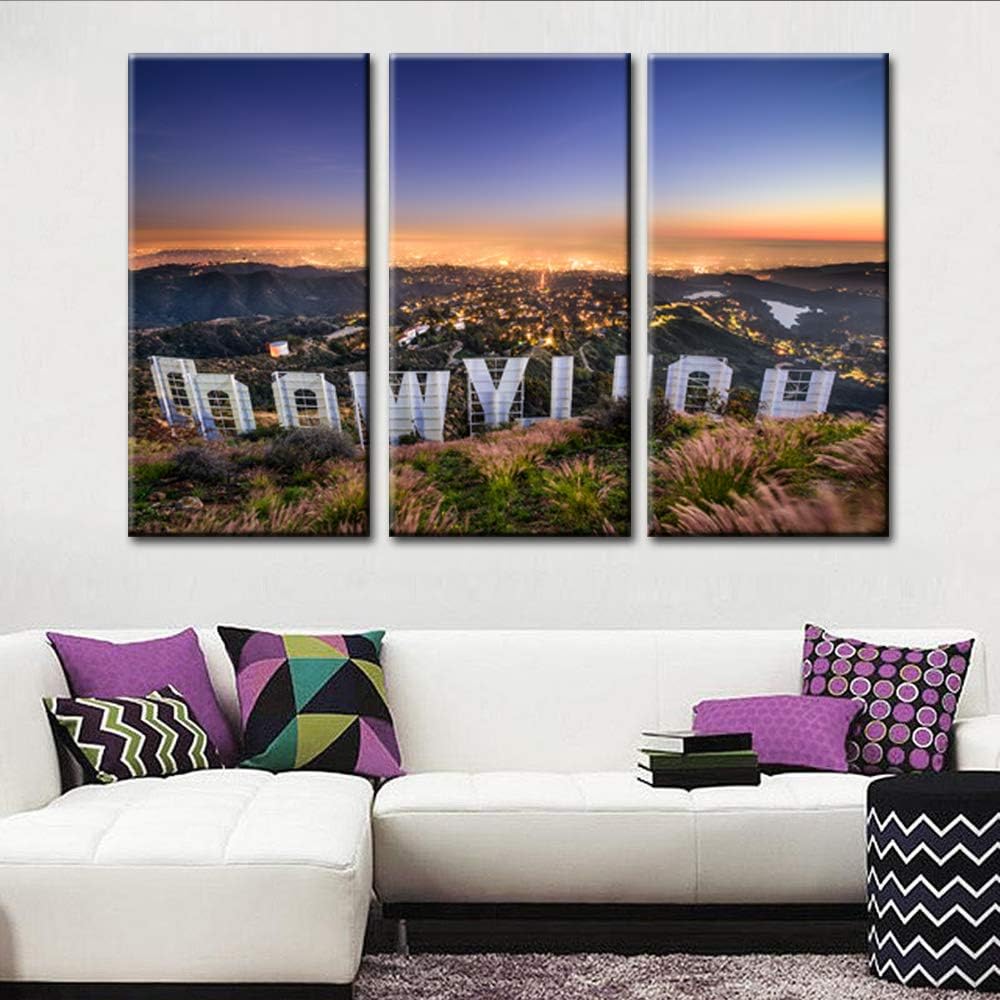 Vintage Wall Art Painting Hollywood Sign in Mountain Overlooking Los Angeles Prints On Canvas California USA Pictures Cityscape Poster Art Work Printing for Home Modern Decoration 40‘’x20‘’x3 Pcs