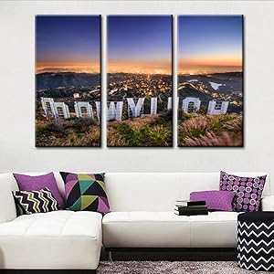 Vintage Wall Art Painting Hollywood Sign in Mountain Overlooking Los Angeles Prints On Canvas California USA Pictures Cityscape Poster Art Work Printing for Home Modern Decoration 40‘’x20‘’x3 Pcs