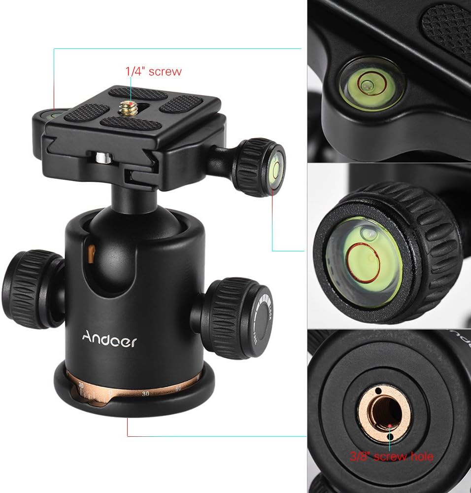 Andoer Camera Tripod Ball Head Ballhead with 1/4 Quick Release Plate, Max. Load 17.64Lbs/8KG, Black, Stil 1 - Image 4