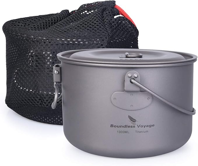 Boundless Voyage 1300ml Titanium Hanging Pot with Foldable Handle Ultralight Portable for