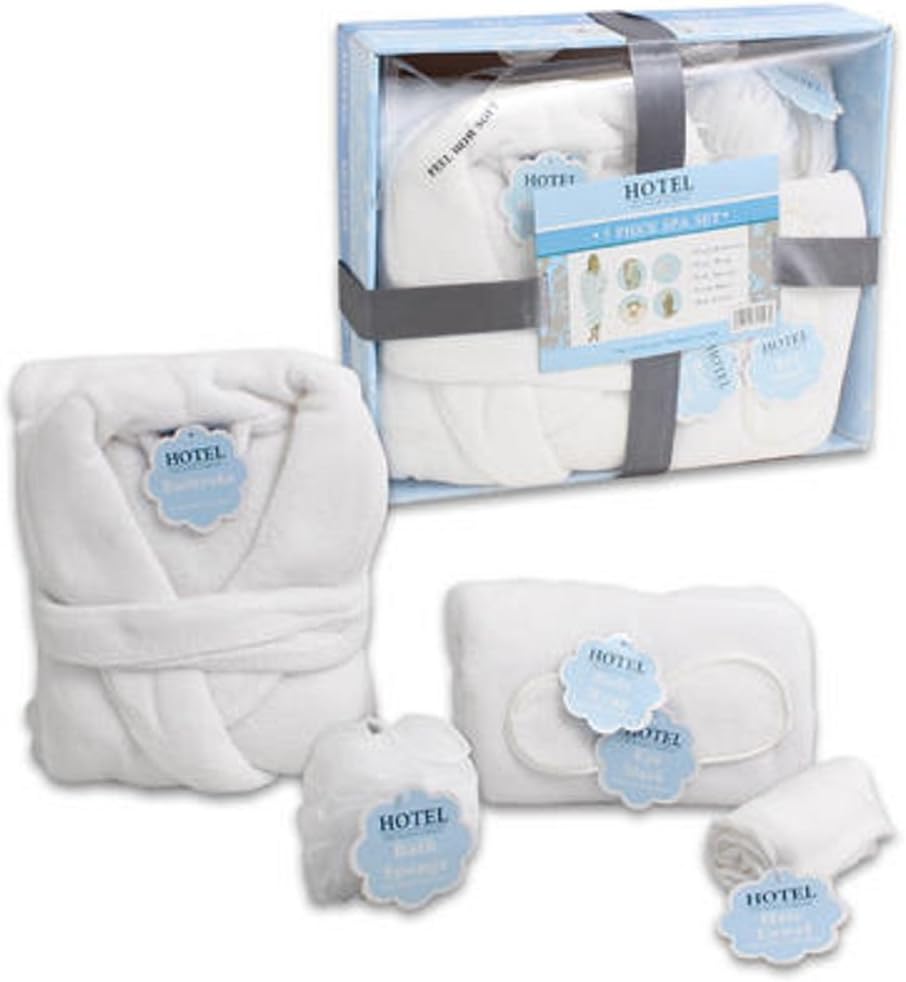 Hotel ' 5-piece Luxery Spa Gift Set : White Soft Plush bathrobe , Robe ,Body wrap , Bath spong, Hair towel ,Sleep mask is the ultimate relaxation kit Unisex Great for Bridesmaid or Bridal shower