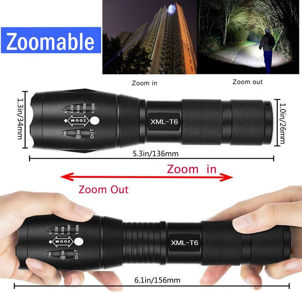 LED Tactical Flashlight, BINWO Super Bright High Lumen XML T6 LED Flashlights Portable Outdoor Water Resistant Torch Light Zoomable Flashlight with 5 Light Modes, 2 Pack - - 